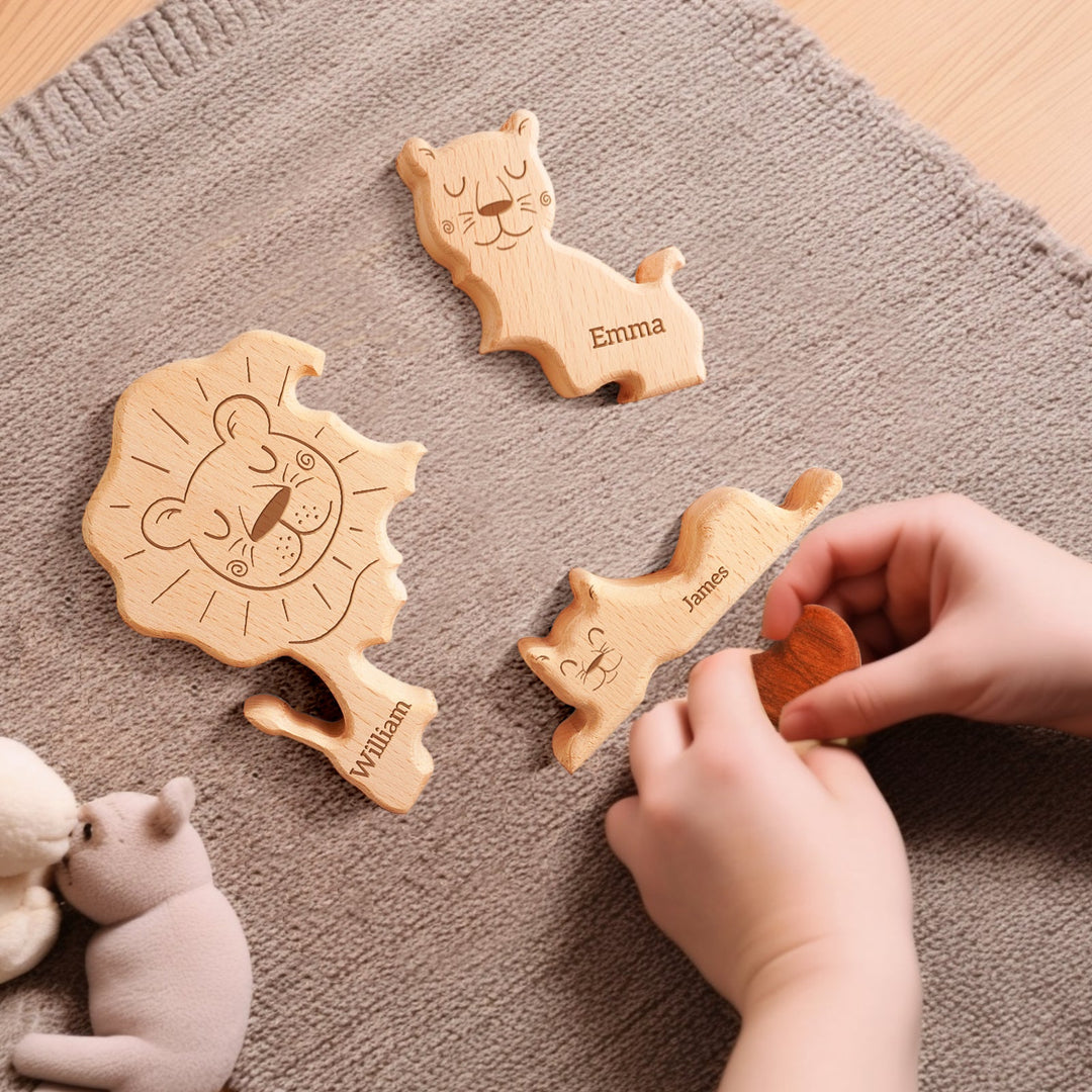 Personalised Wooden Lion Family Puzzle Decor