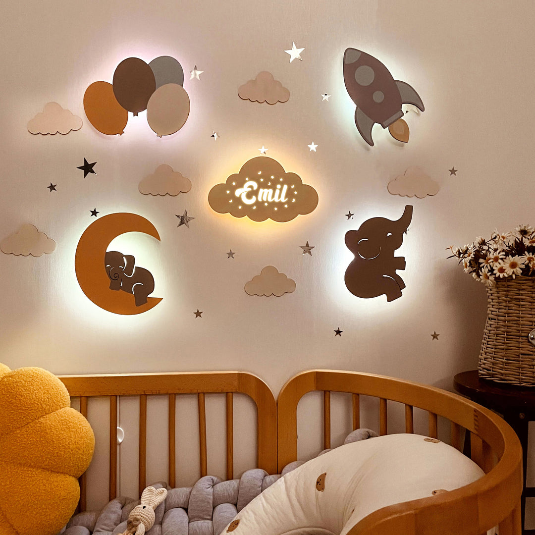 Personalised Wooden Baby's Room Wall Light Set