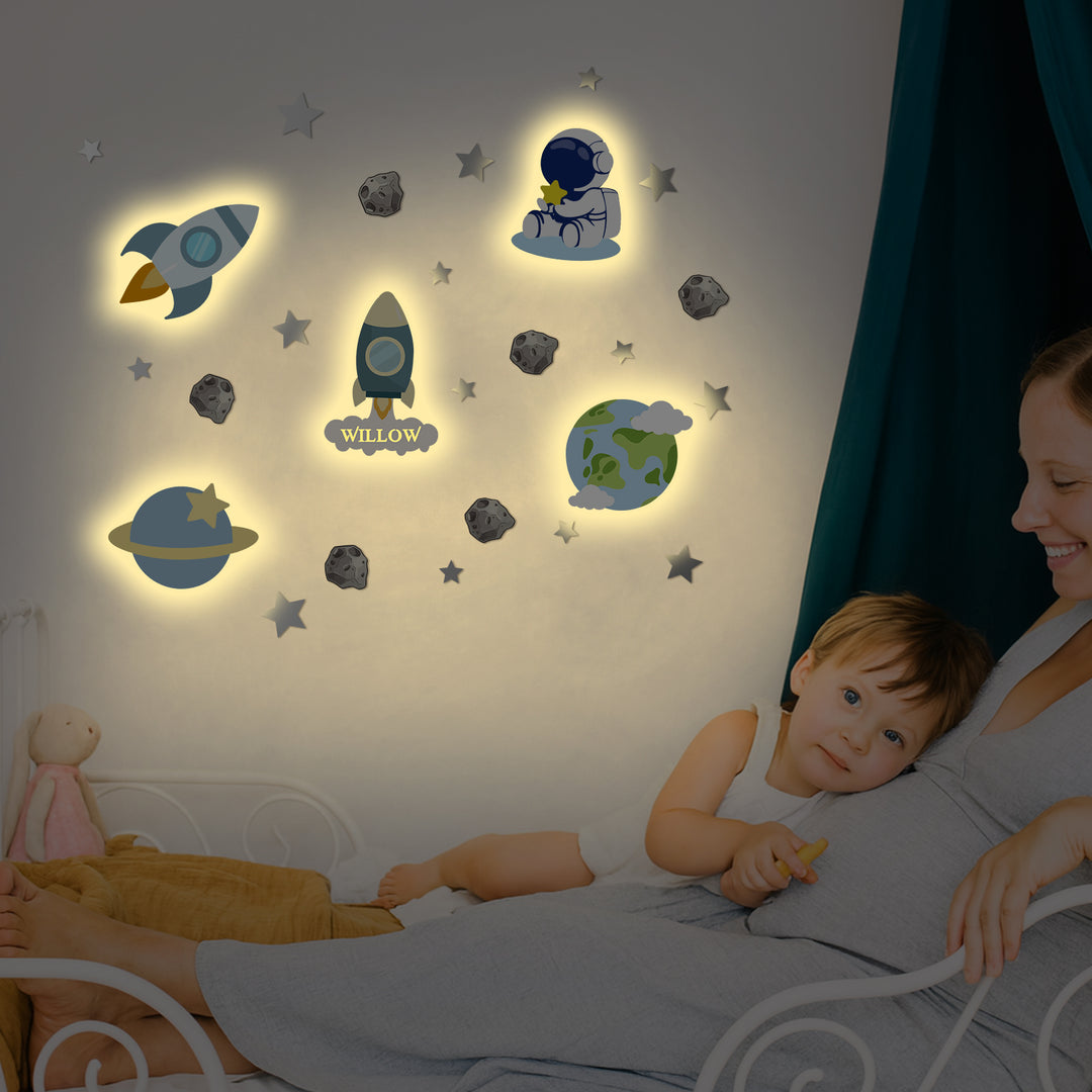Personalised Wooden Baby's Room Wall Light Set-Space Model