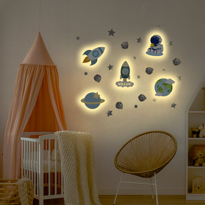 Personalised Wooden Baby's Room Wall Light Set-Space Model