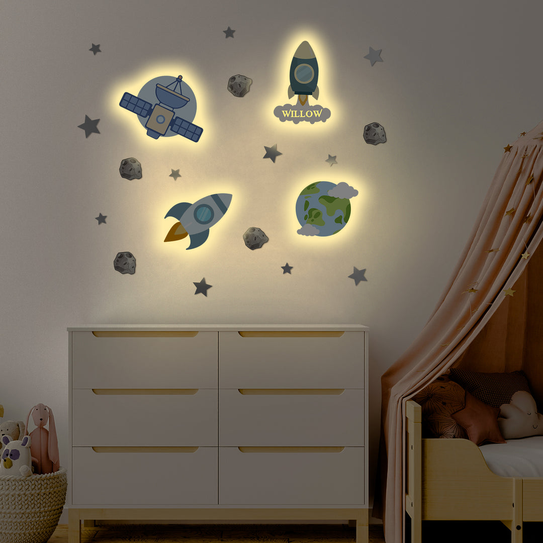 Personalised Wooden Baby's Room Wall Light Set-Space Model