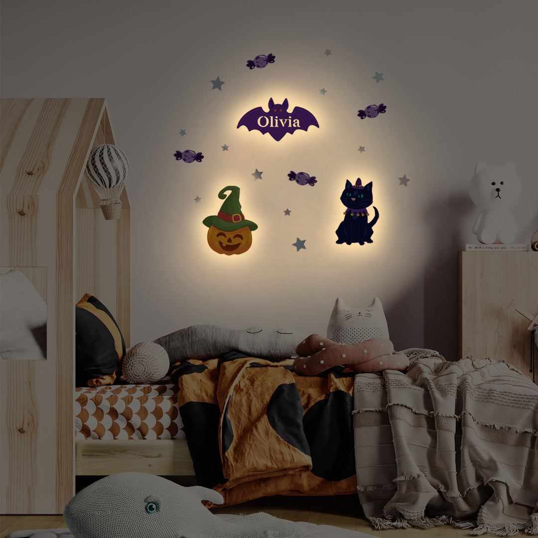 Personalised Wooden Baby's Room Wall Light Set-Halloween Theme