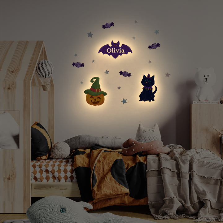 Personalised Wooden Baby's Room Wall Light Set-Halloween Theme