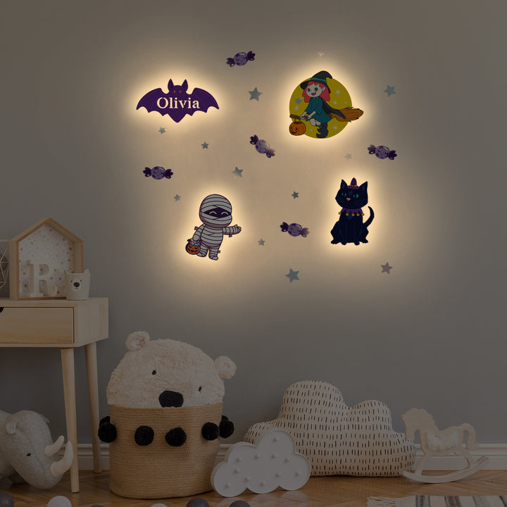 Personalised Wooden Baby's Room Wall Light Set-Halloween Theme