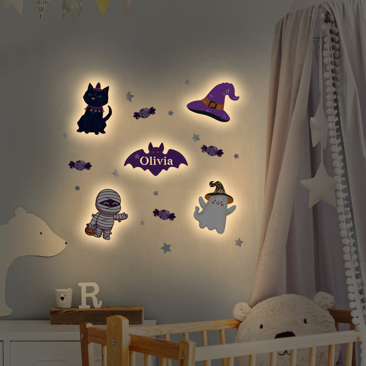 Personalised Wooden Baby's Room Wall Light Set-Halloween Theme
