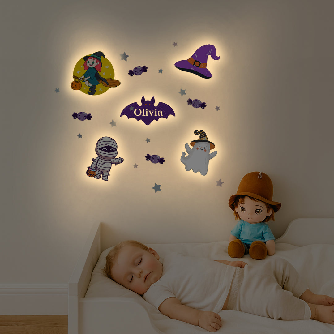 Personalised Wooden Baby's Room Wall Light Set-Halloween Theme
