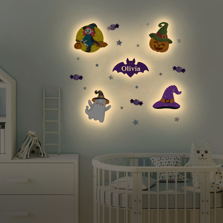 Personalised Wooden Baby's Room Wall Light Set-Halloween Theme