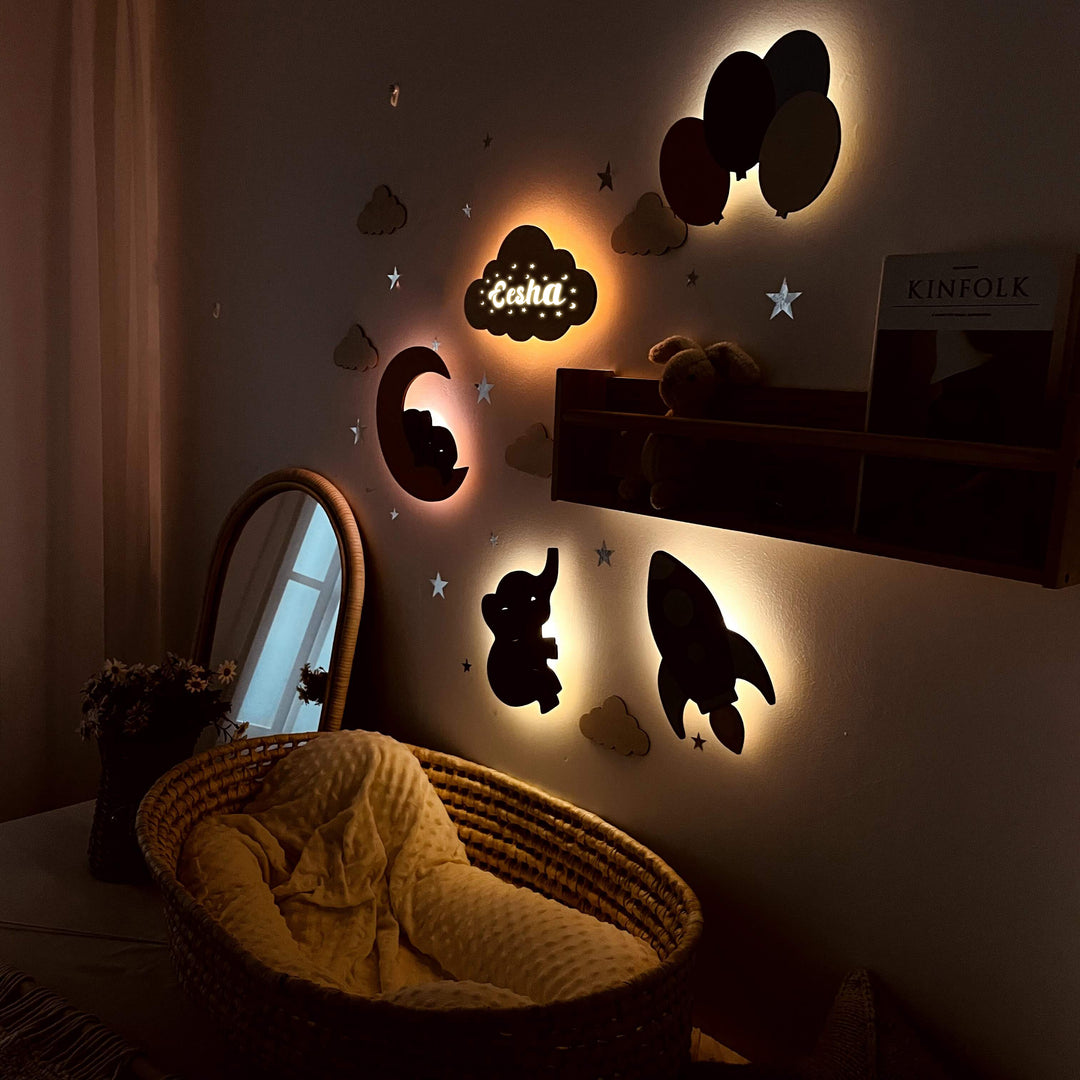 Personalised Wooden Baby's Room Wall Light Set