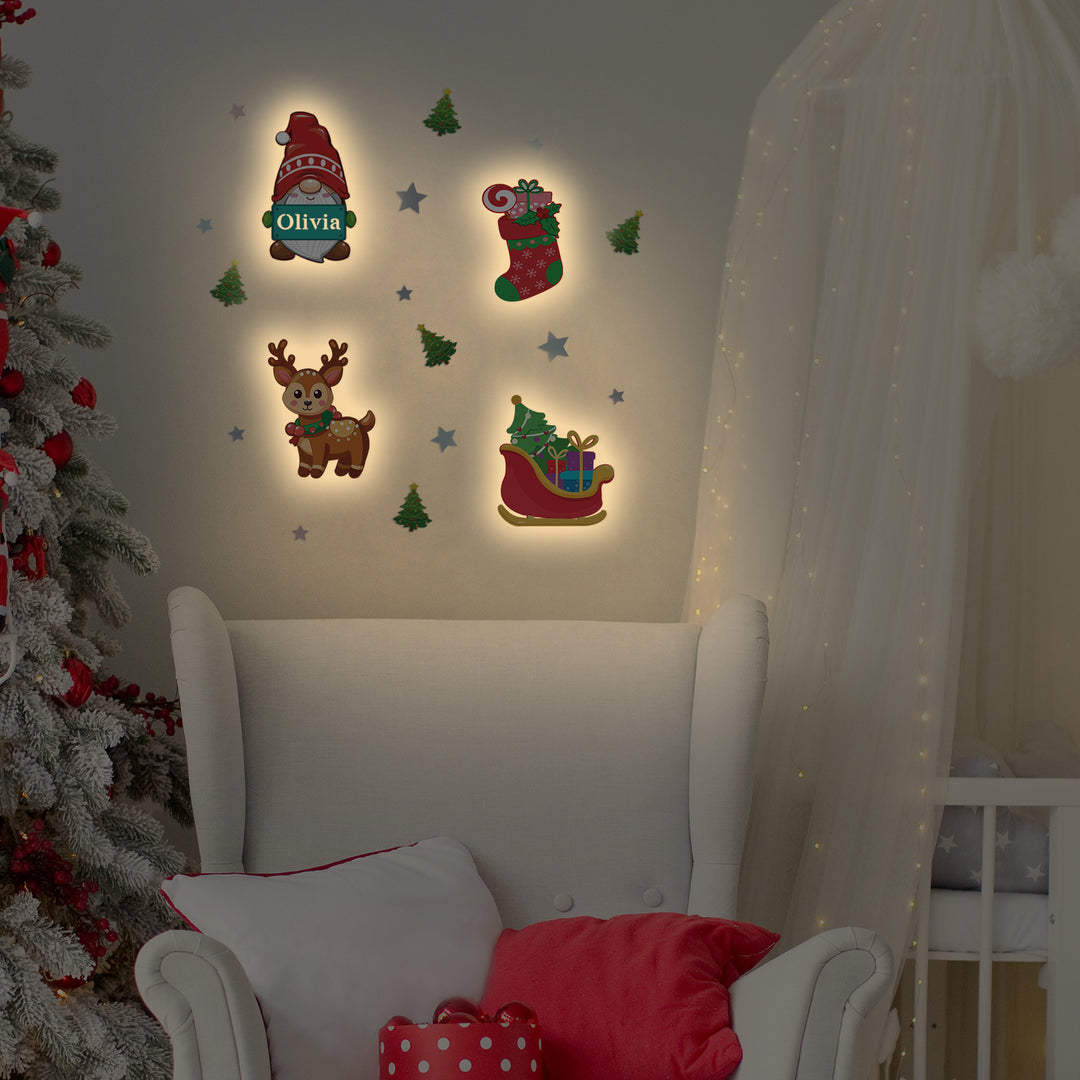 Personalised Wooden Baby's Room Wall Light Set-Christmas Theme