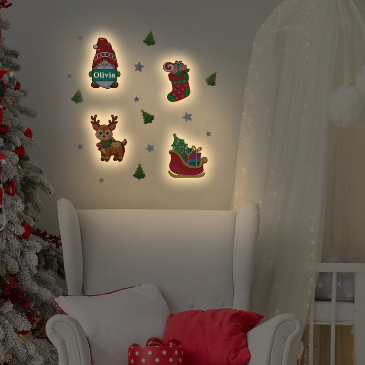 Personalised Wooden Baby's Room Wall Light Set-Christmas Theme