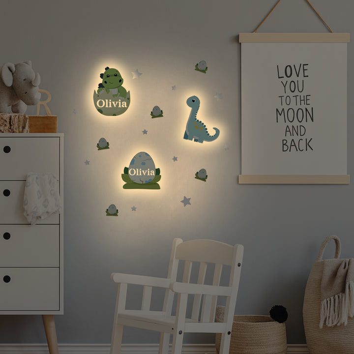 Personalised Wooden Baby's Room Wall Light Set-Dinosaur Theme