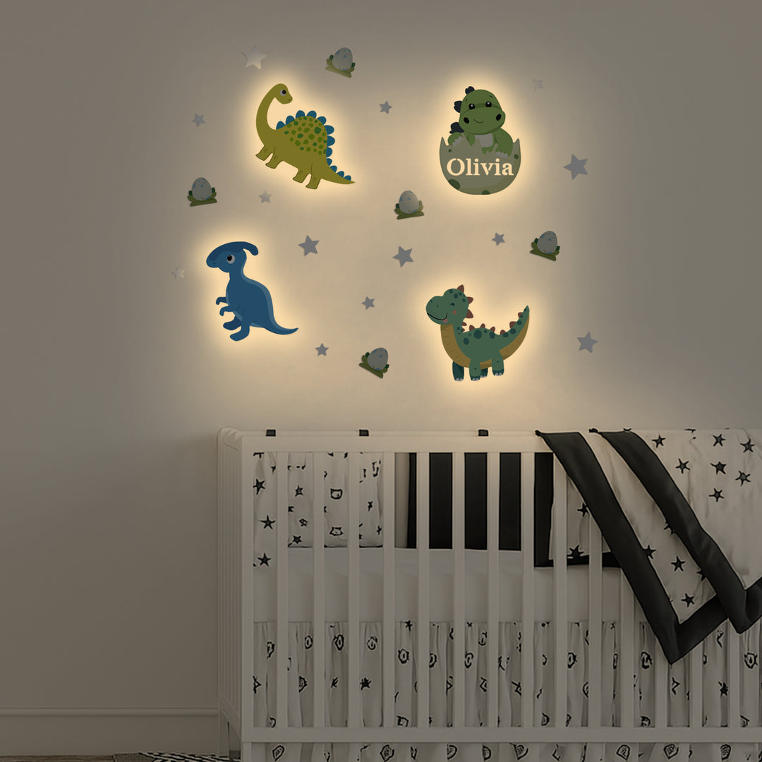Personalised Wooden Baby's Room Wall Light Set-Dinosaur Theme