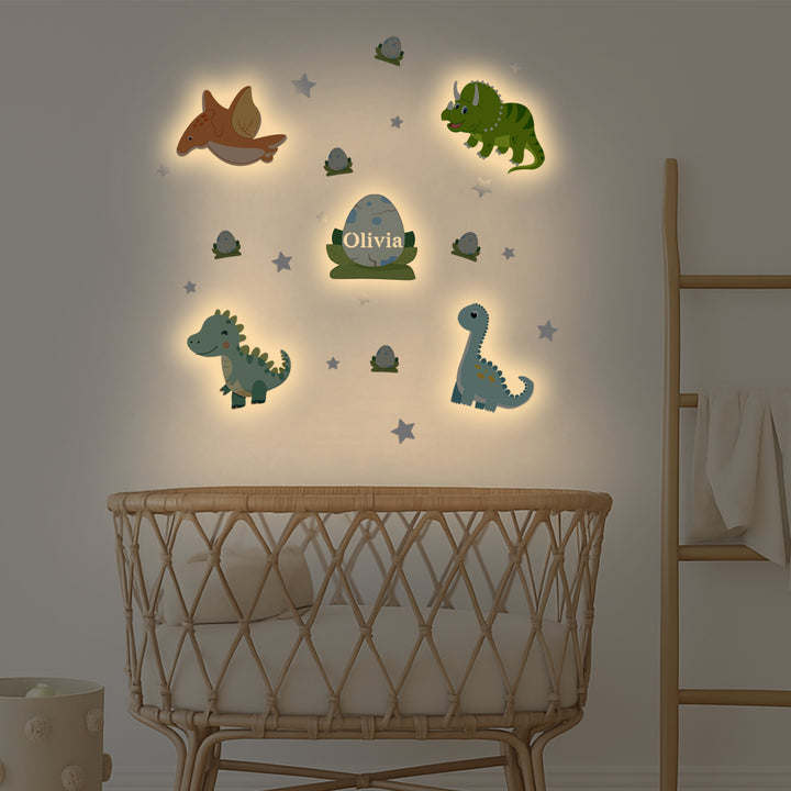 Personalised Wooden Baby's Room Wall Light Set-Dinosaur Theme