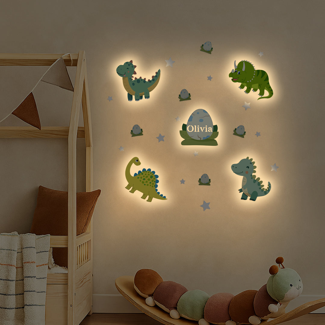 Personalised Wooden Baby's Room Wall Light Set-Dinosaur Theme