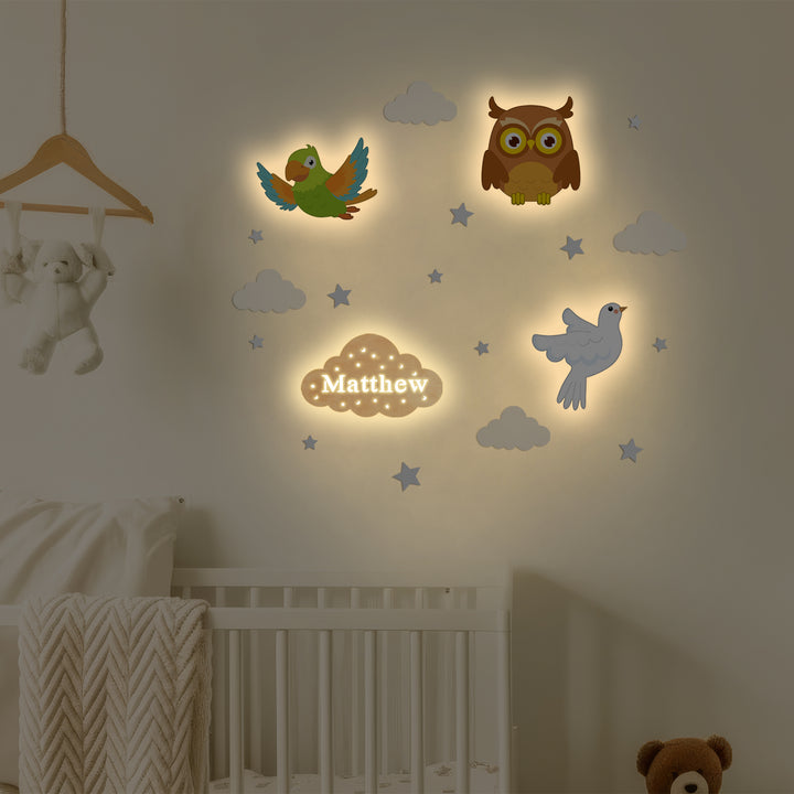 Personalised Wooden Baby's Room Wall Light Set-Sky Animal Theme
