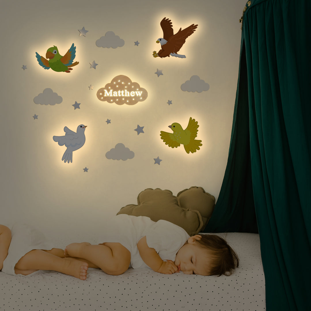 Personalised Wooden Baby's Room Wall Light Set-Sky Animal Theme