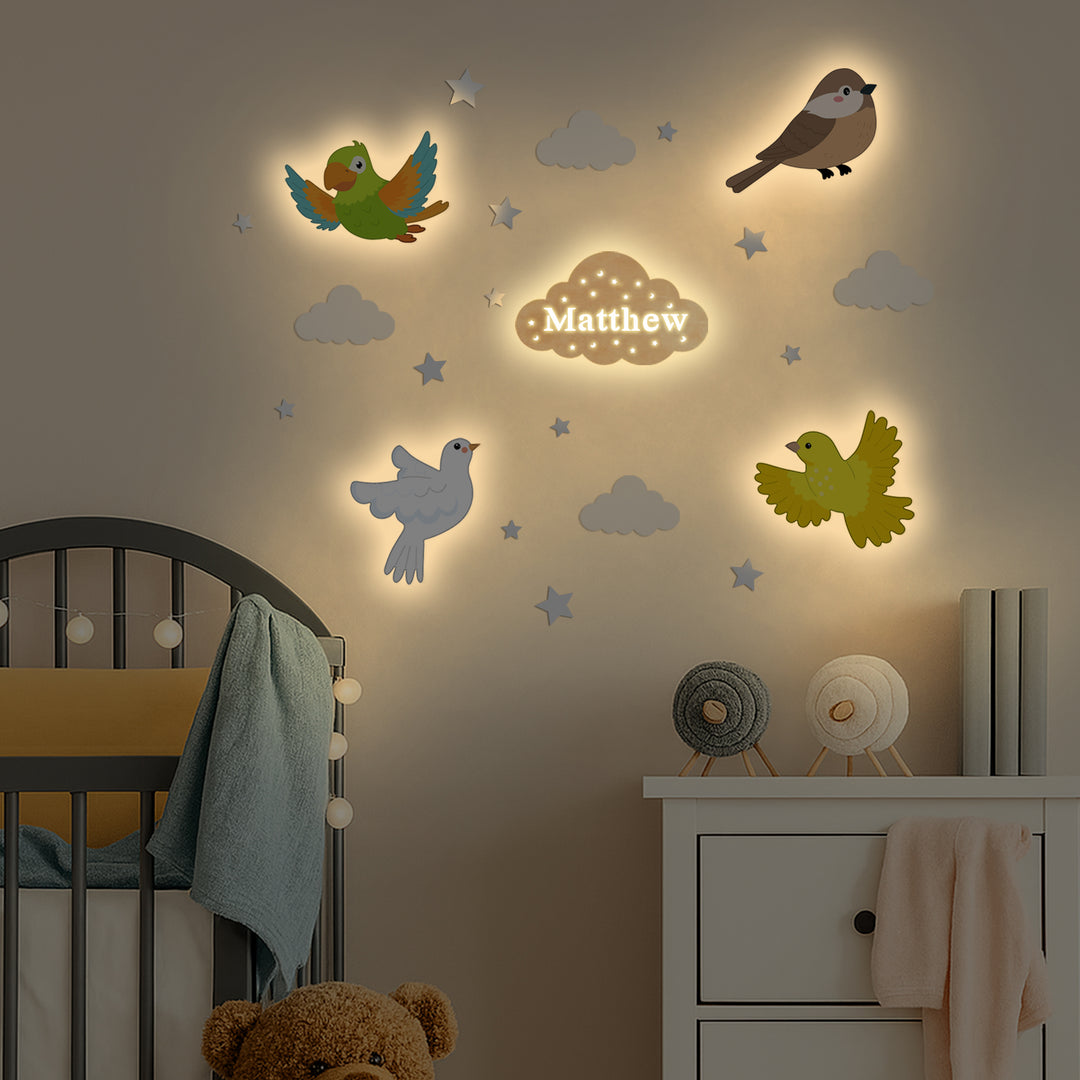Personalised Wooden Baby's Room Wall Light Set-Sky Animal Theme