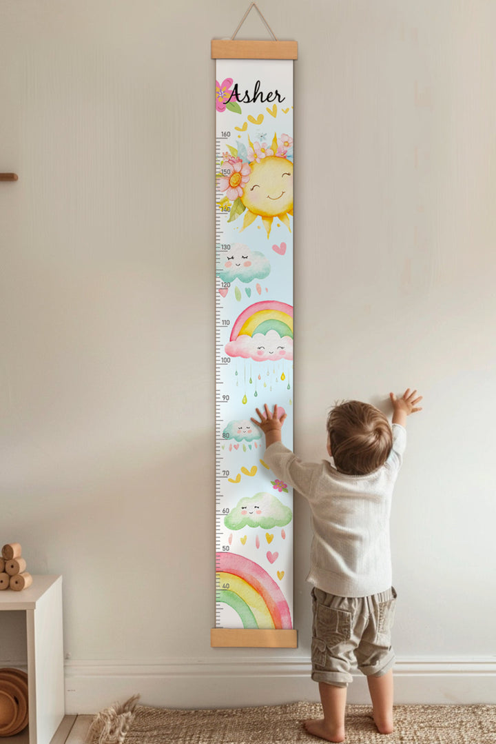 Personalised Sunshine and Rainbow Hanging Canvas Height Ruler