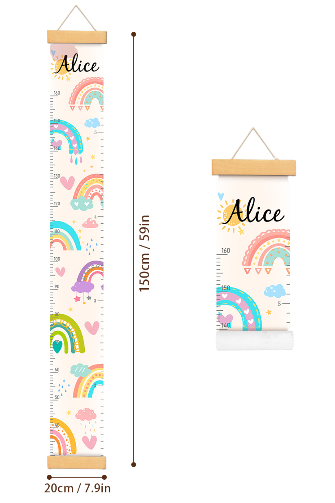 Personalised Sunshine and Rainbow Hanging Canvas Height Ruler