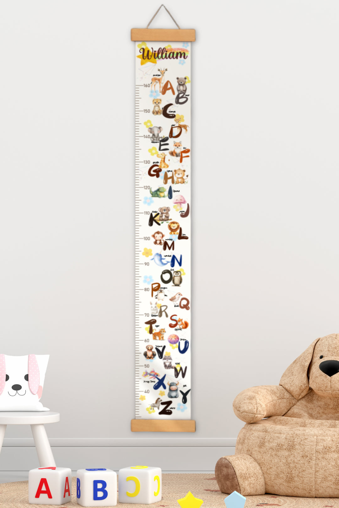 Personalised Animal Alphabet Hanging Canvas Height Ruler