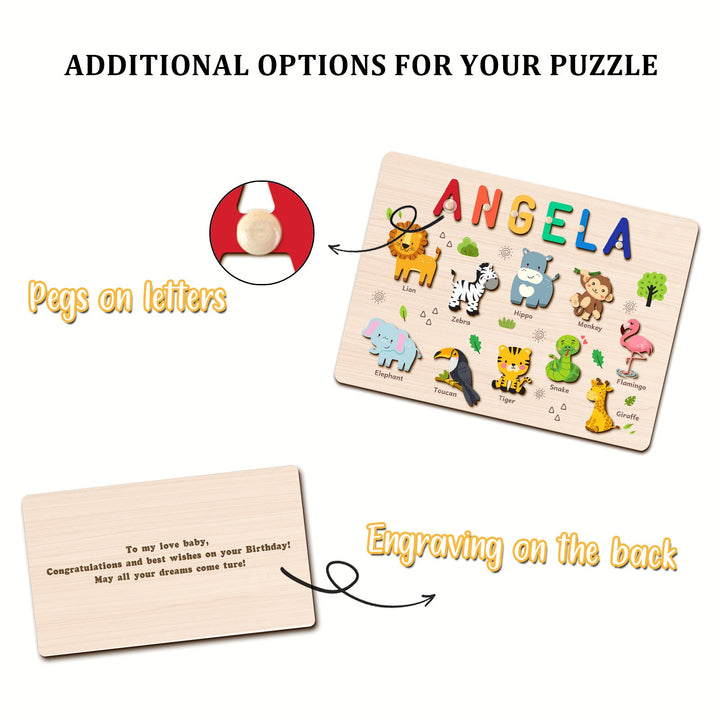 Personalized Wooden Name Puzzle - Safari Animal Learning Toy for Toddlers