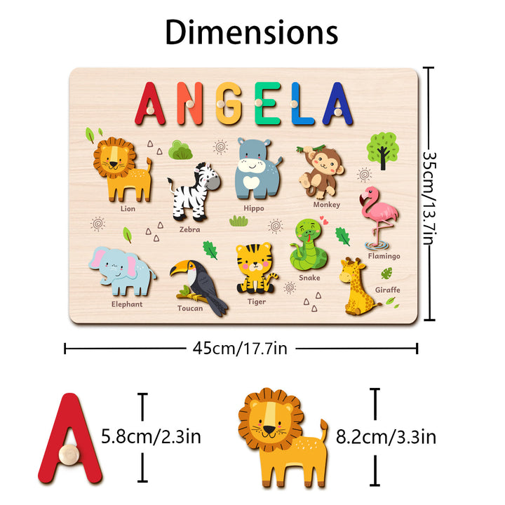 Personalized Wooden Name Puzzle - Safari Animal Learning Toy for Toddlers