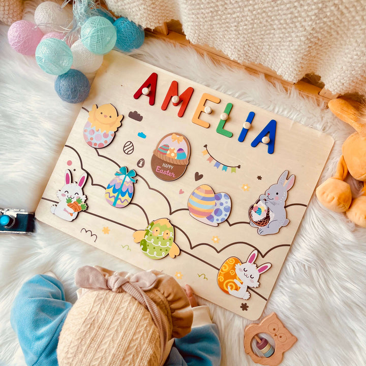 Personalized Wooden Name Puzzle - Easter Bunny & Egg Toy