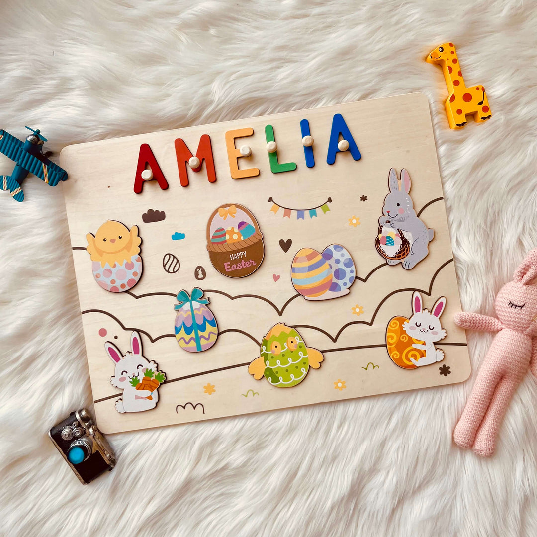 Personalized Wooden Name Puzzle - Easter Bunny & Egg Toy