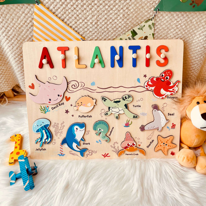 Personalized Wooden Name Puzzle - Ocean Animal Toy for Toddlers