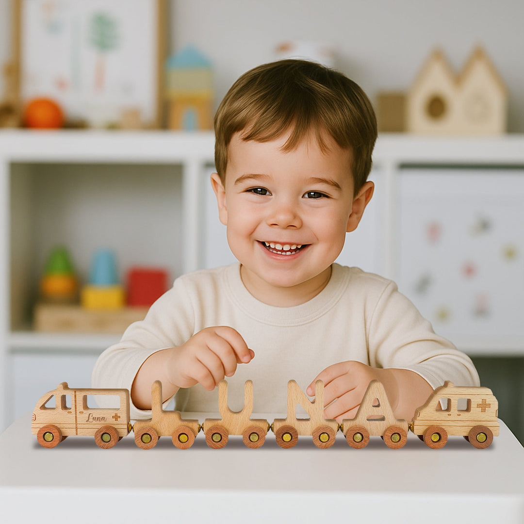 Personalised Wooden Ambulance Train Set With Name