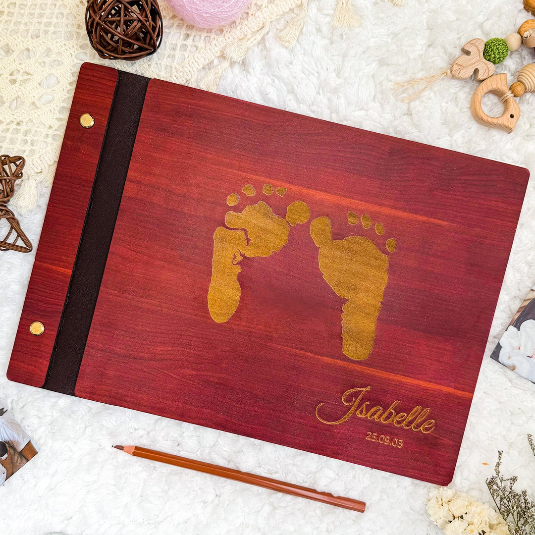 Personalised Baby Photo Album with Name & Birth Date – Wooden Footprint Design