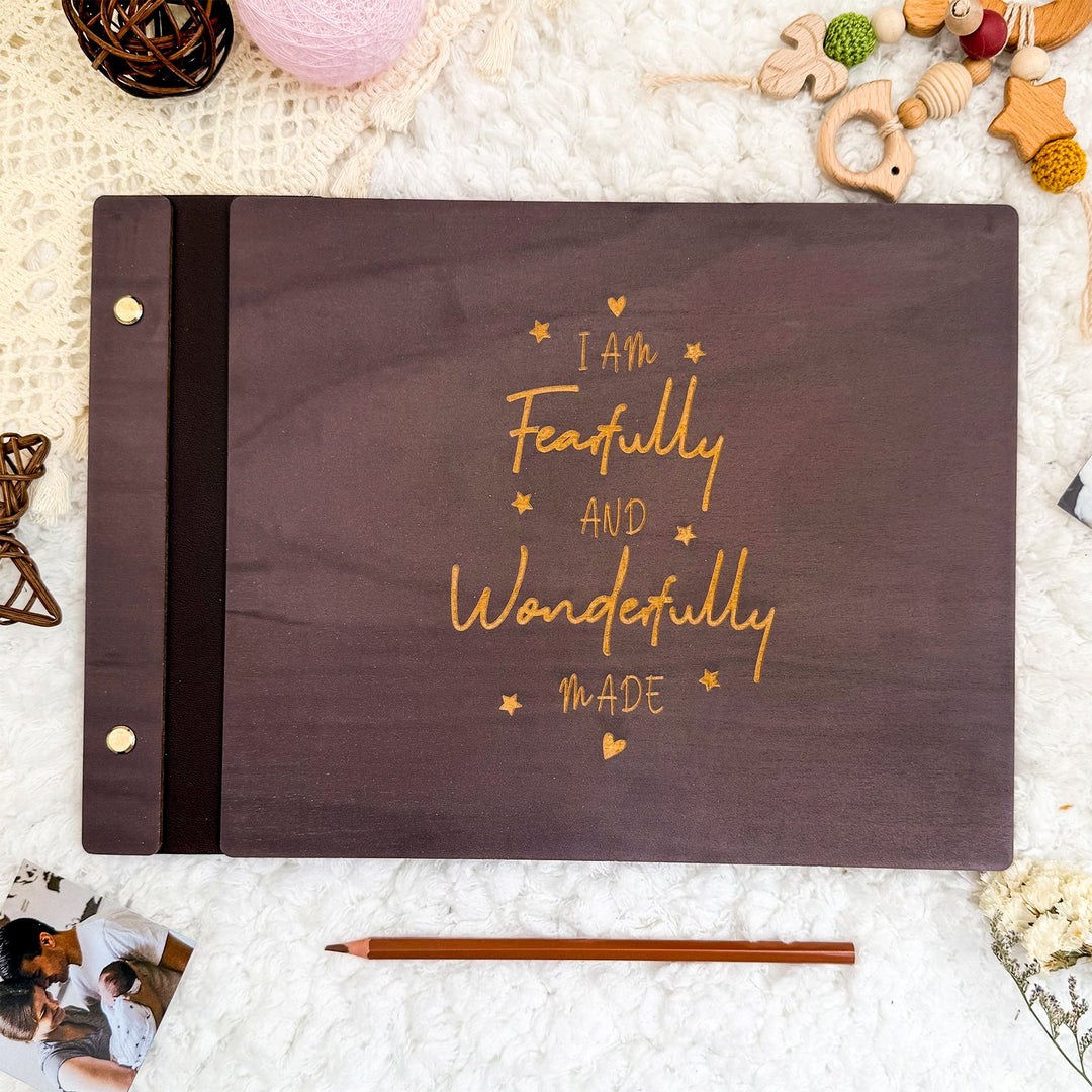 Wooden Baby Photo Album – Faith-Inspired Keepsake with Engraved Quote