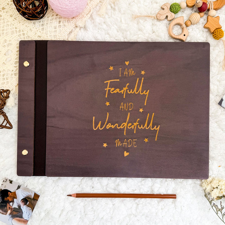 Wooden Baby Photo Album – Faith-Inspired Keepsake with Engraved Quote