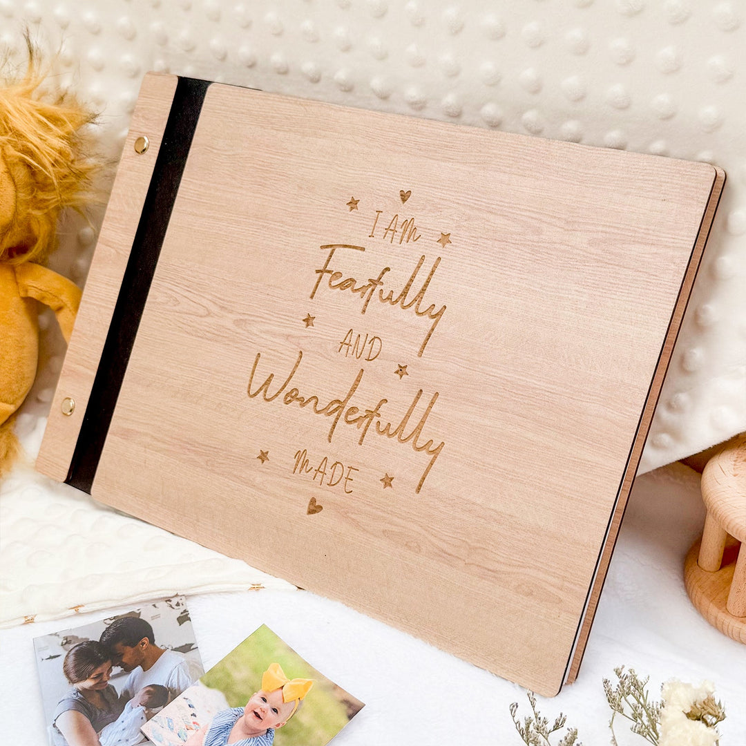 Wooden Baby Photo Album – Faith-Inspired Keepsake with Engraved Quote
