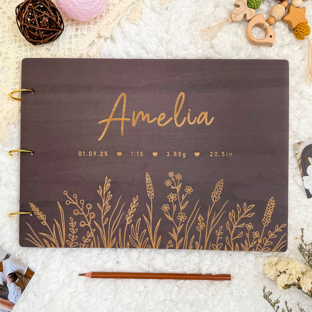 Personalized Wooden Baby Photo Album – Baby’s Name & Birth Information Engraved