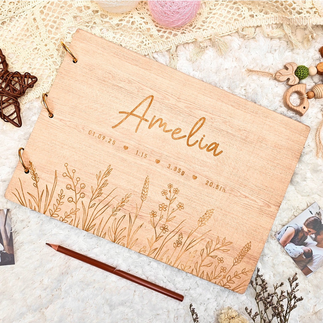 Personalized Wooden Baby Photo Album – Baby’s Name & Birth Information Engraved