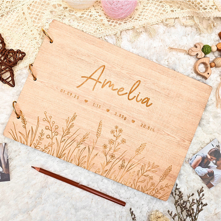 Personalized Wooden Baby Photo Album – Baby’s Name & Birth Information Engraved