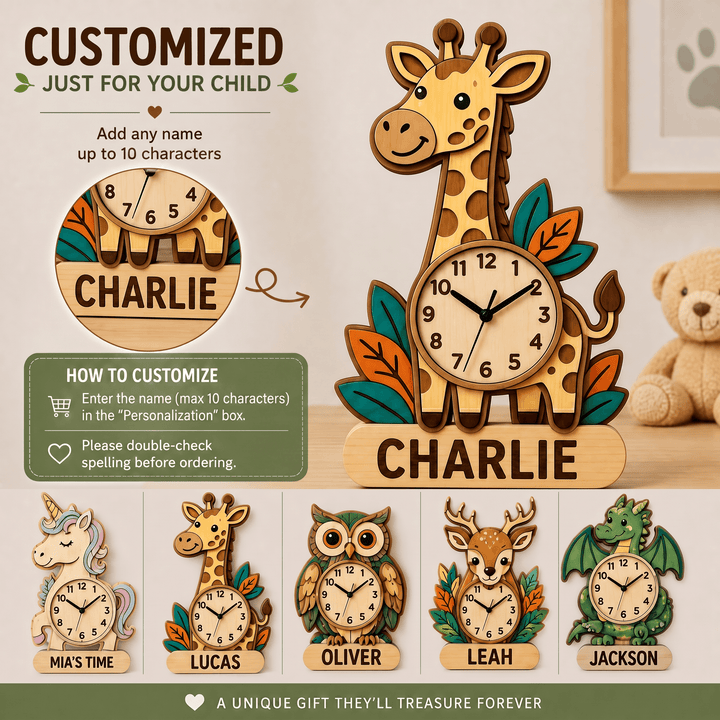 Personalized Animal Wall Clock with Custom Name for Kids Woodemon