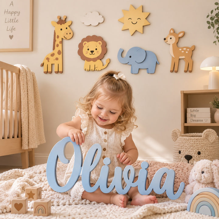 Personalised Wooden Nursery Name Sign – Custom Kids Room Wall Decor