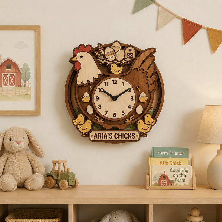 Personalised Farm Animal Wall Clock with Custom Name for Kids