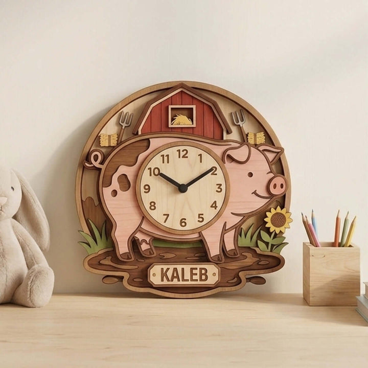Personalized Farm Animal Wall Clock with Custom Name for Kids Woodemon