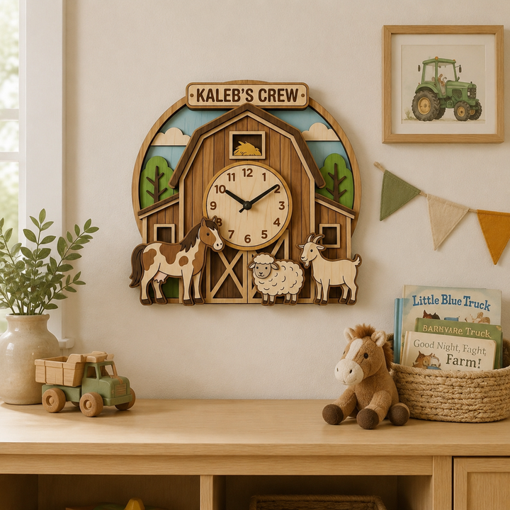 Personalised Farm Animal Wall Clock with Custom Name for Kids