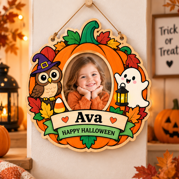 Personalized Kids Halloween Name & Photo Sign for Door & Wall Woodemon