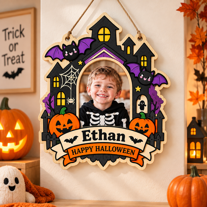 Personalized Kids Halloween Name & Photo Sign for Door & Wall Woodemon