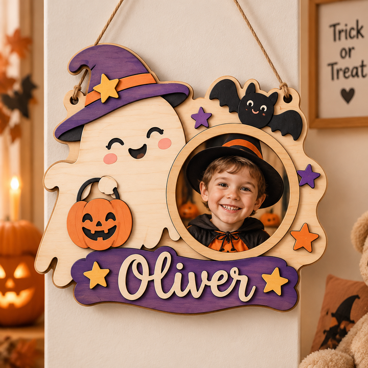 Personalized Kids Halloween Name & Photo Sign for Door & Wall Woodemon