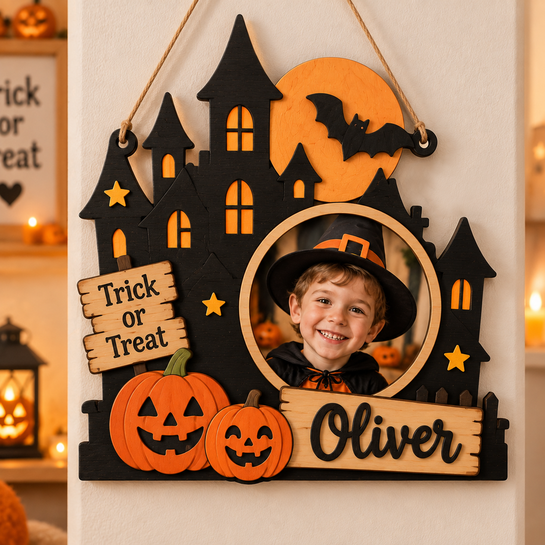 Personalized Kids Halloween Name & Photo Sign for Door & Wall Woodemon