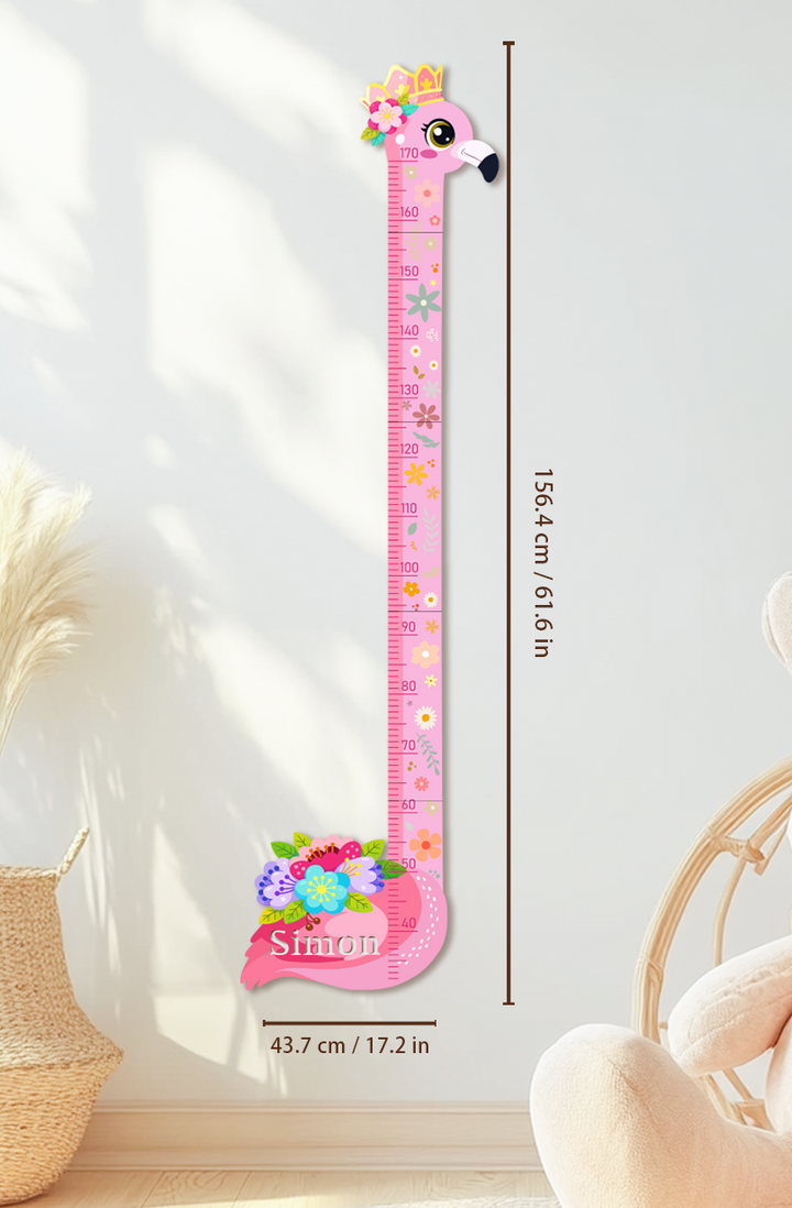 Personalised Pink Flower Flamingo Wooden Growth Chart for Kids
