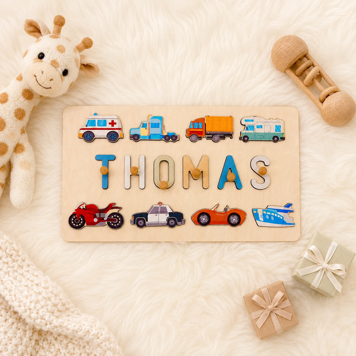 Personalised Wooden Baby Name Puzzle - Traffic