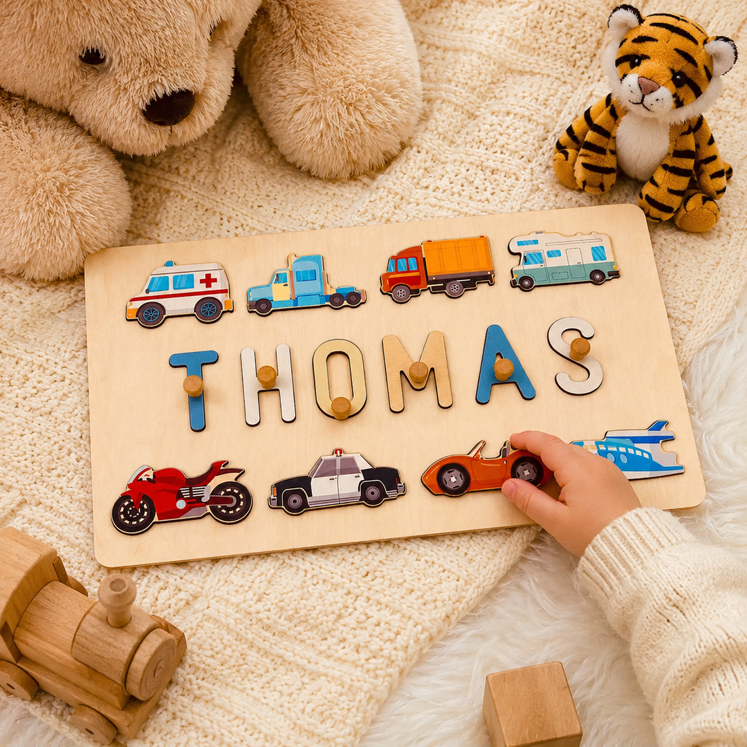 Personalised Wooden Baby Name Puzzle - Traffic