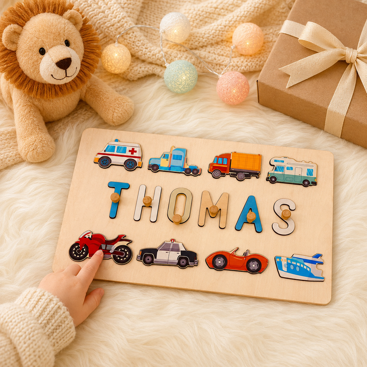Personalised Wooden Baby Name Puzzle - Traffic